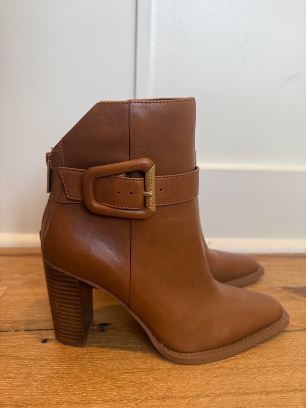 Vince Camuto Tan Buckle Stacked Heel Ankle Boots